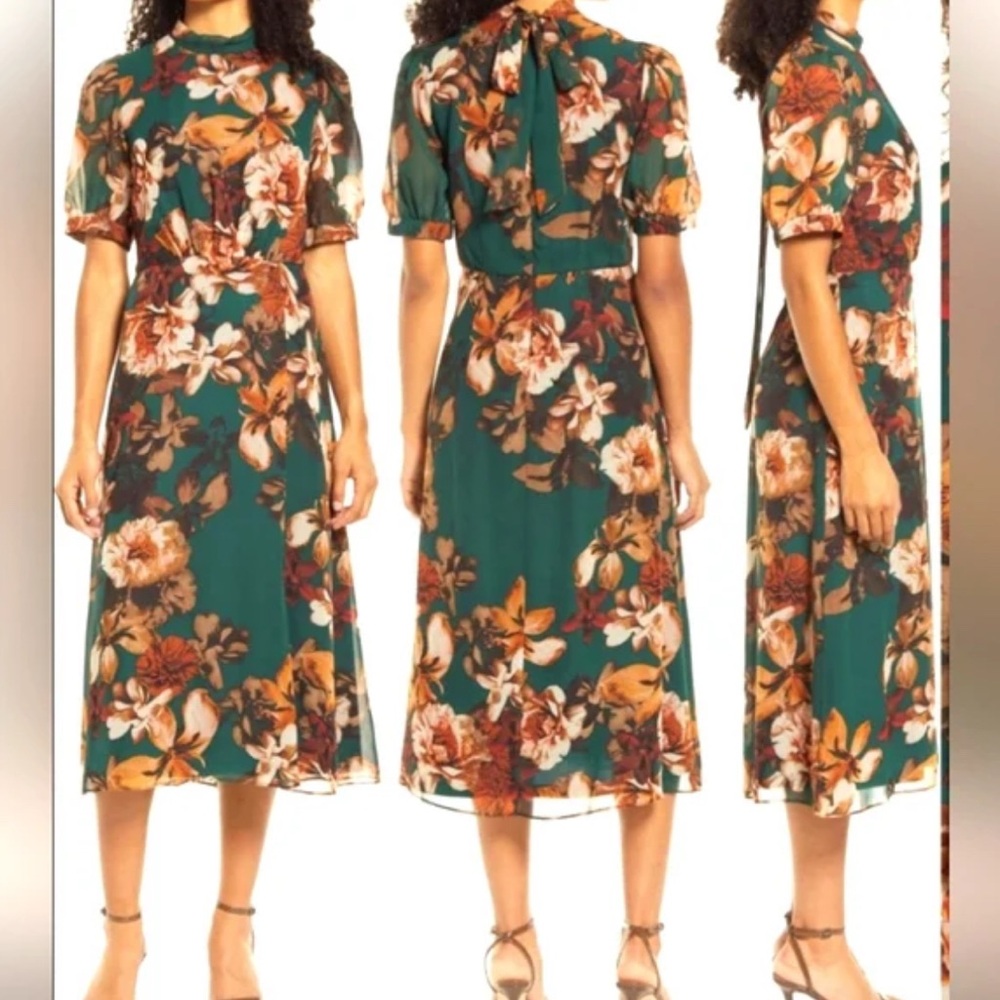Nordstrom Julia Jordan Teal and Orange Floral Midi Dress